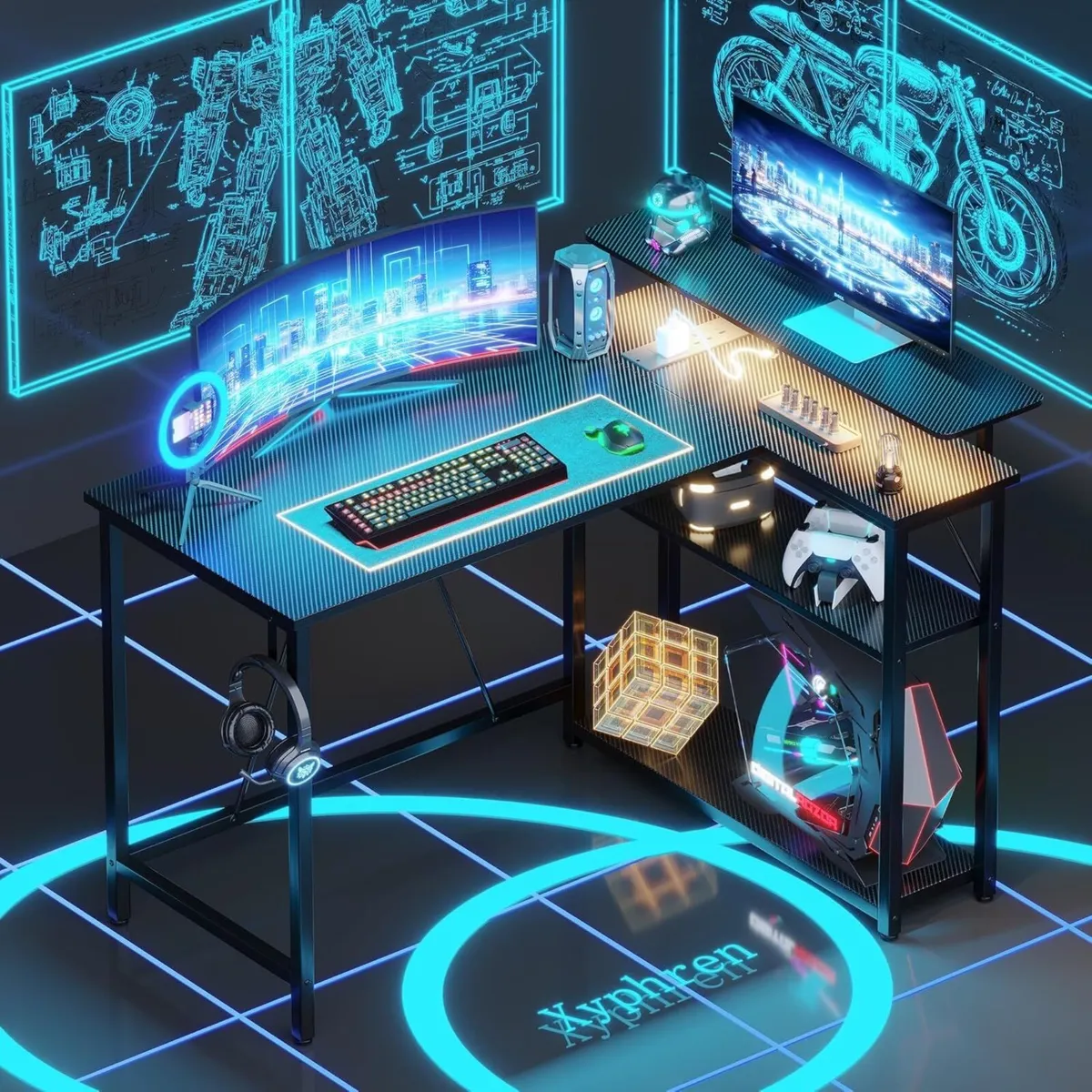 L Shaped Gaming Desk with RGB LED Lights Power - Image 1