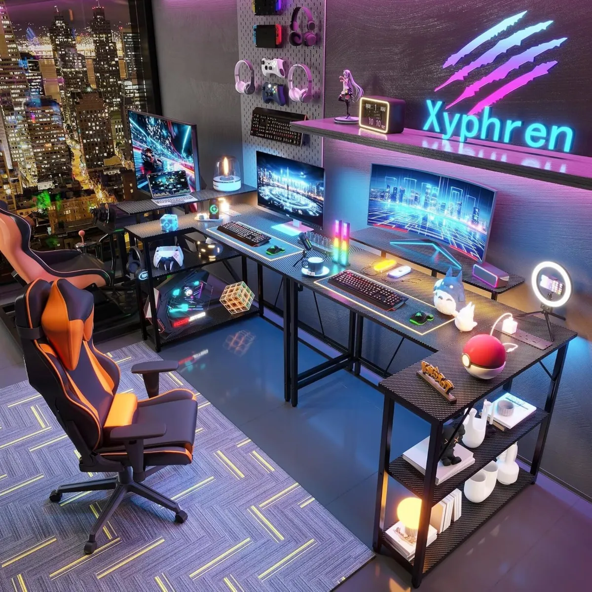 L Shaped Gaming Desk with RGB LED Lights Power - Image 2