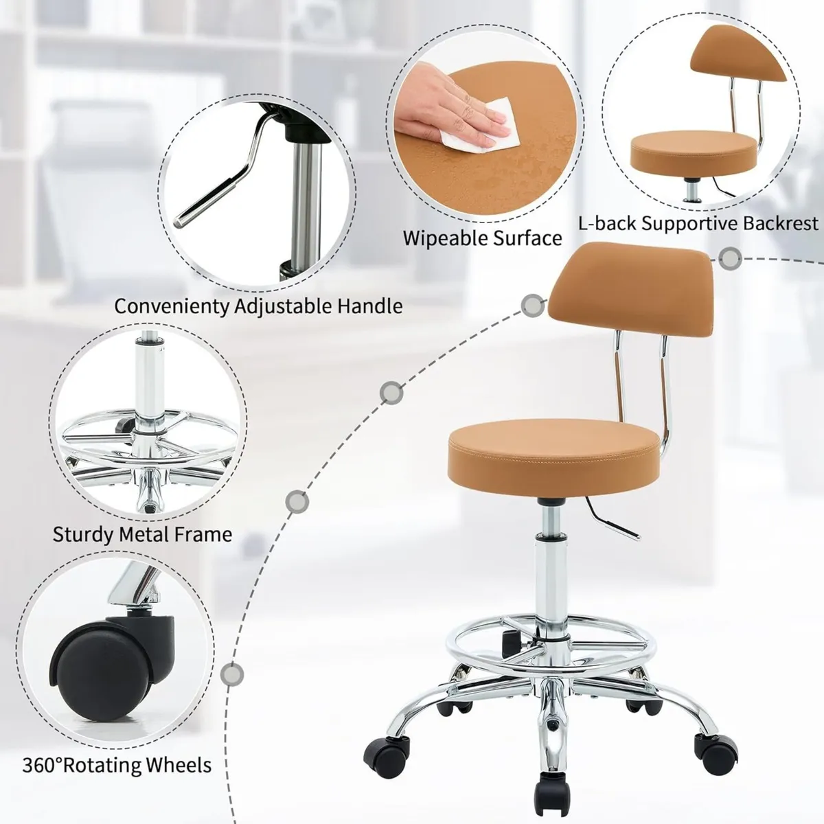 Ergonomic Rolling Office Stool Chair with - Image 4
