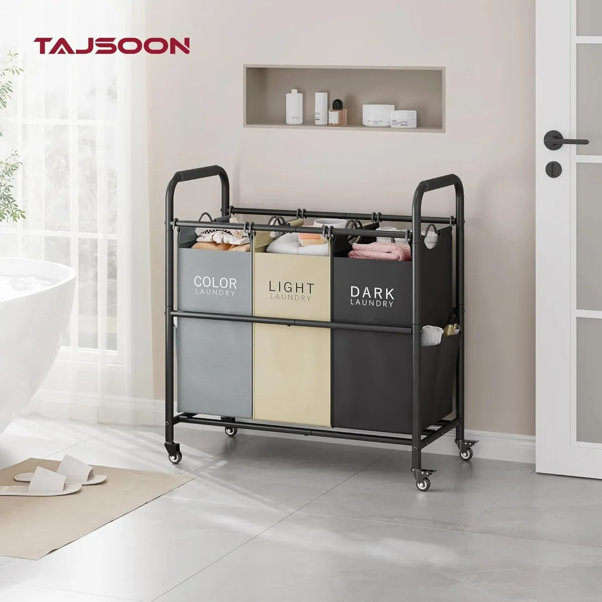 3 Bag Laundry Sorter Cart Hamper Basket with - Image 2