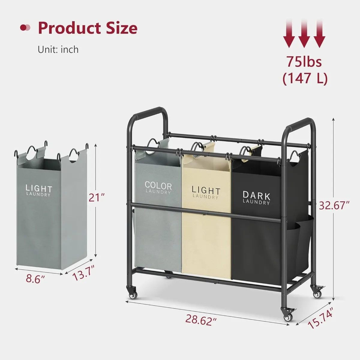 3 Bag Laundry Sorter Cart Hamper Basket with - Image 3