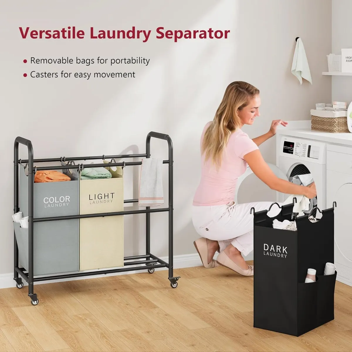 3 Bag Laundry Sorter Cart Hamper Basket with - Image 4