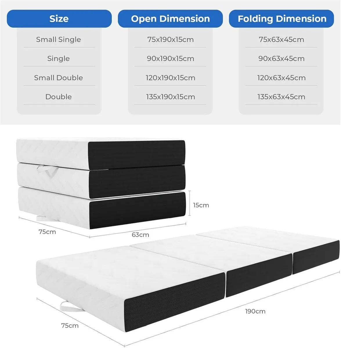 Folding Mattress Small Double 15CM Gel Memory - Image 3