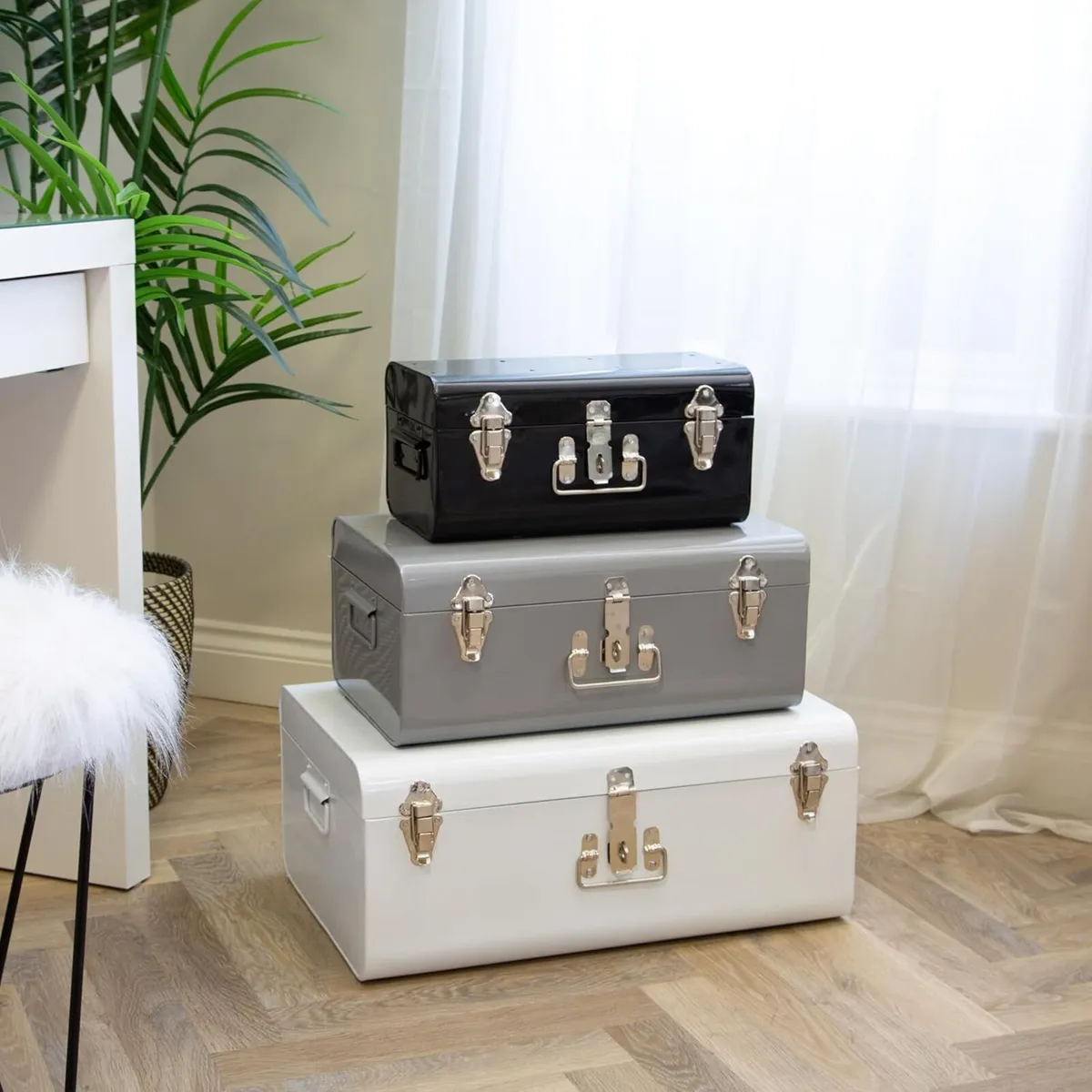 Metal Storage Trunks - Set Of 3 White Grey Black - Image 1