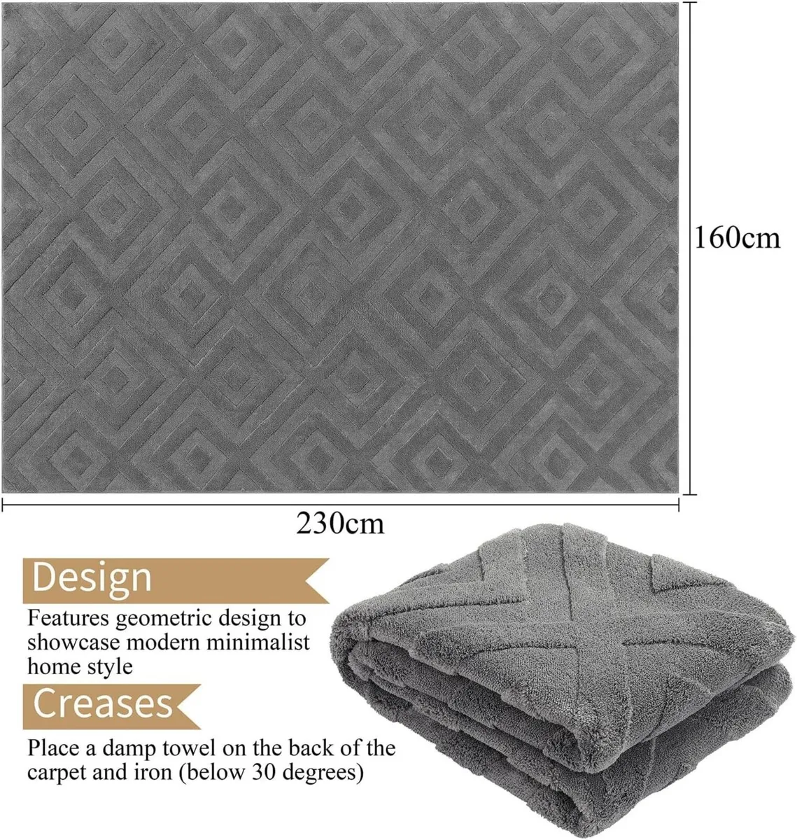 Grey Rugs for Living Room 160x230 cm Large Soft - Image 2