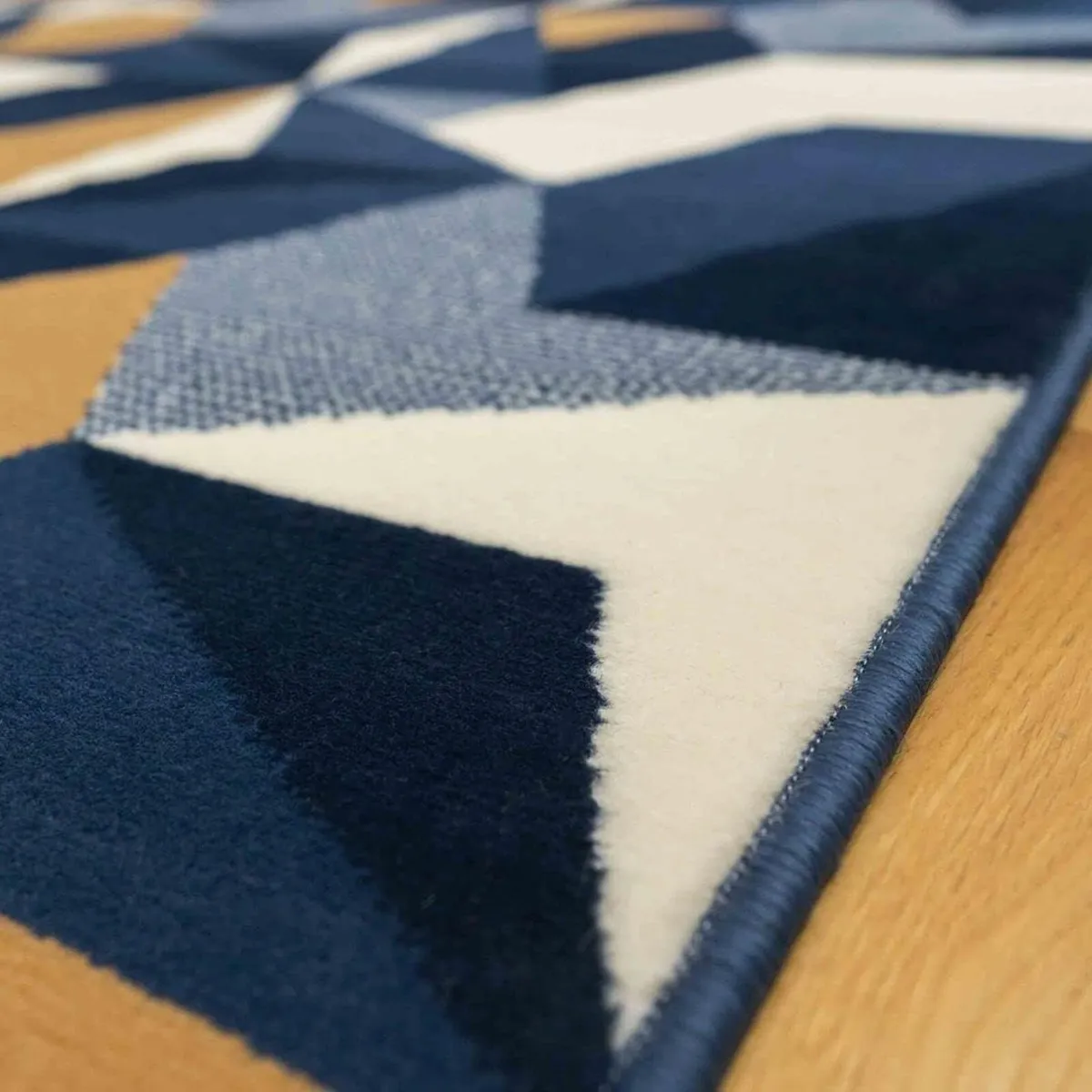 Navy Blue Denim Geometric Rug Thick Cream Brown - Image 3