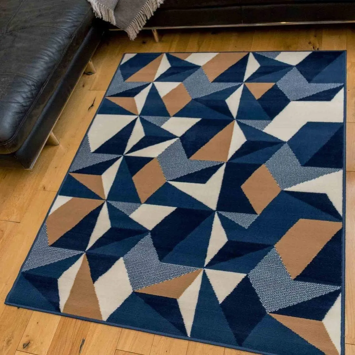 Navy Blue Denim Geometric Rug Thick Cream Brown - Image 1