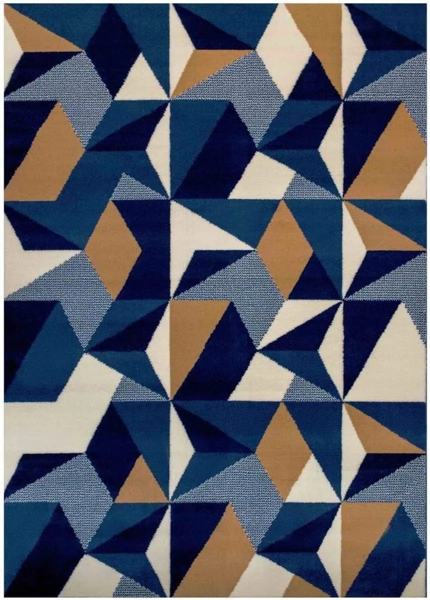 Navy Blue Denim Geometric Rug Thick Cream Brown - Image 2