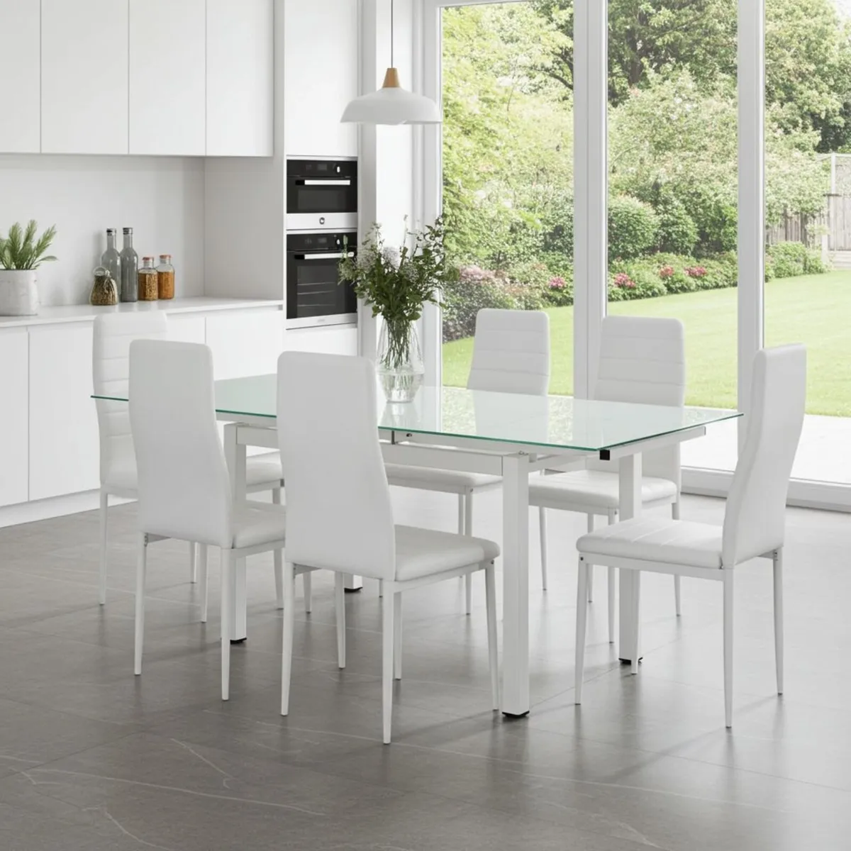 Extendable Glass Dining Table Set 6 chairs white - Image 1