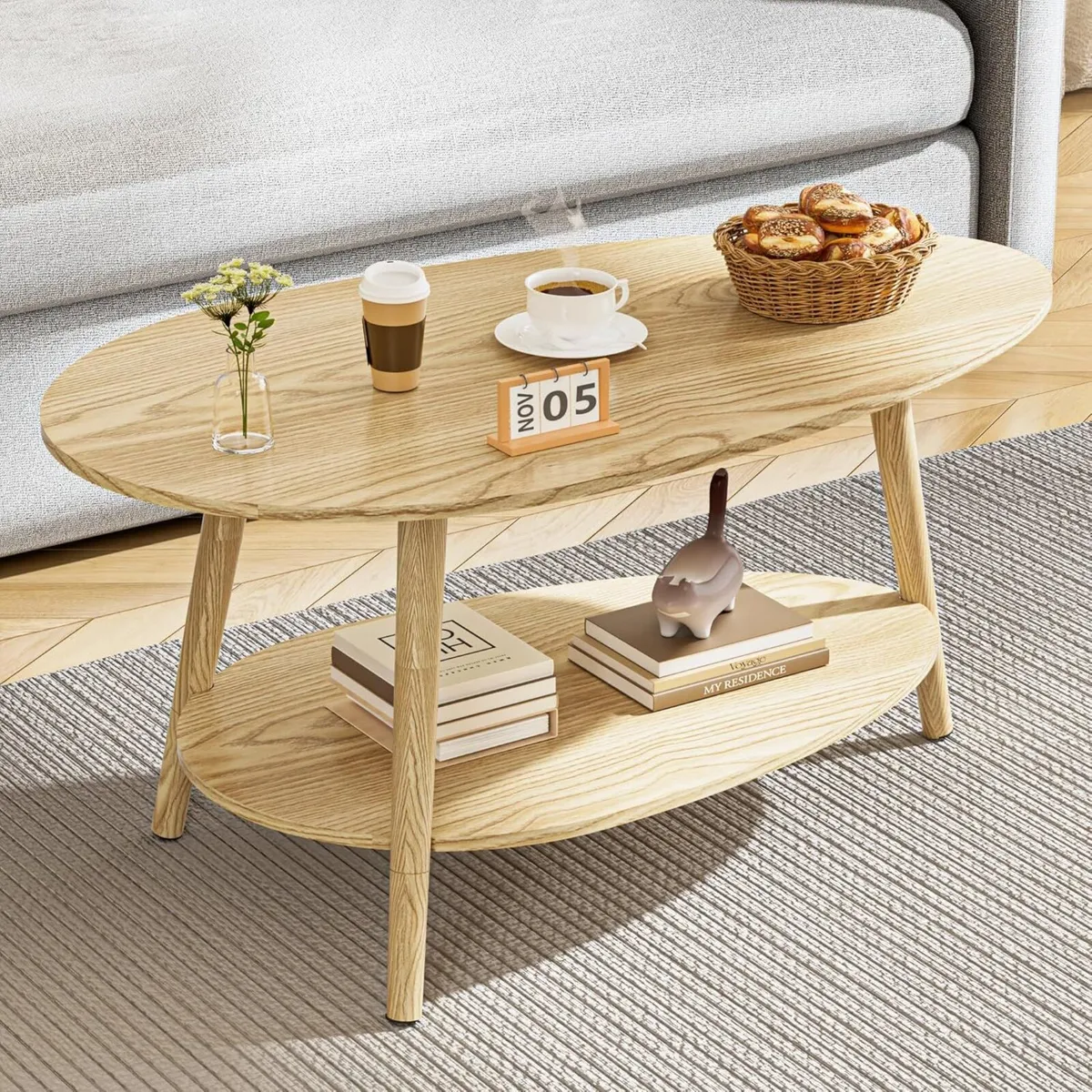 Oval Coffee Table 2-Tier Center with Storage - Image 1