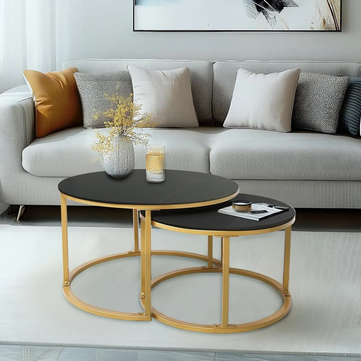 2 x Round Sintered Stone With Metal Golden Frame - Image 1