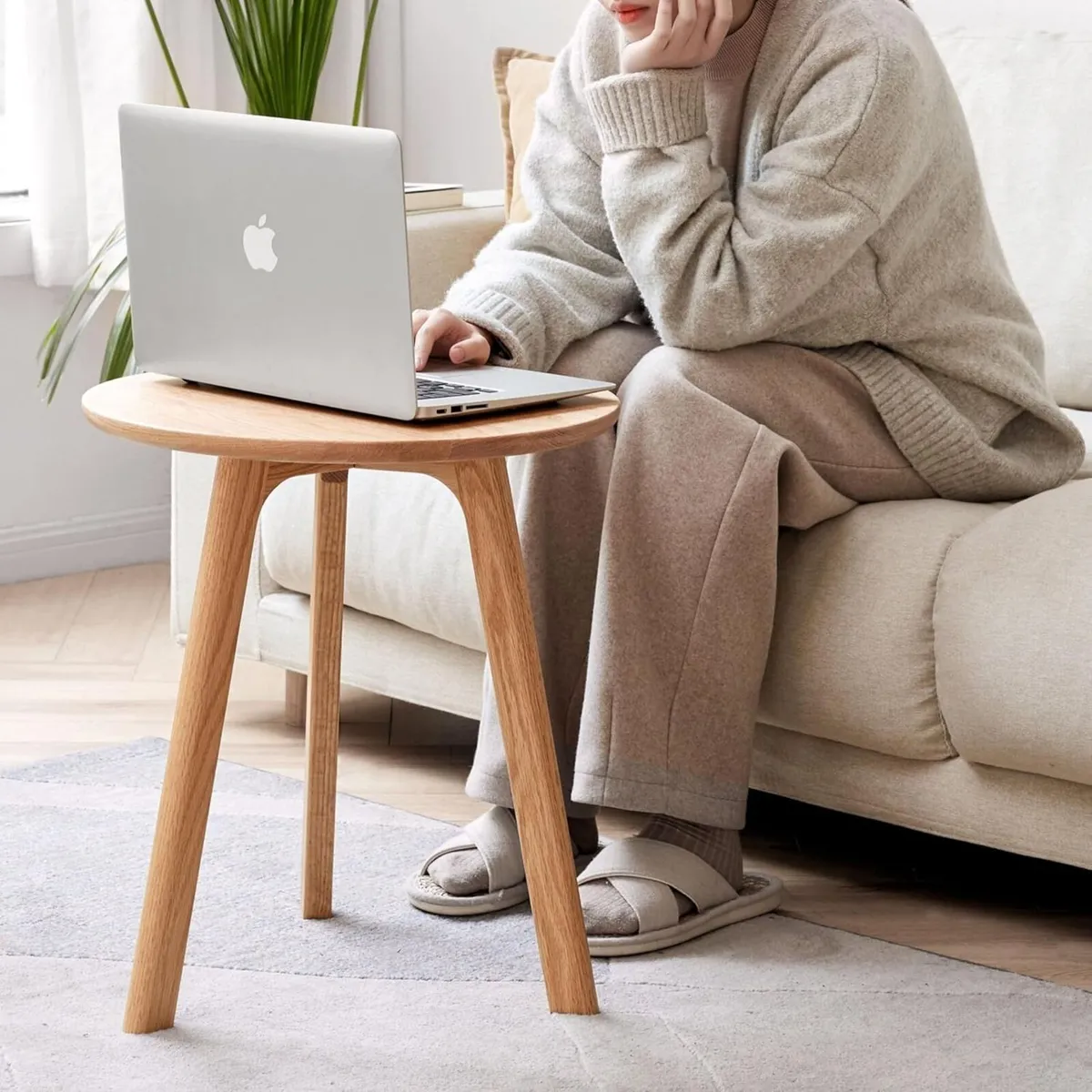 Round Side Table 100% Solid Oak Wood Occasional - Image 2