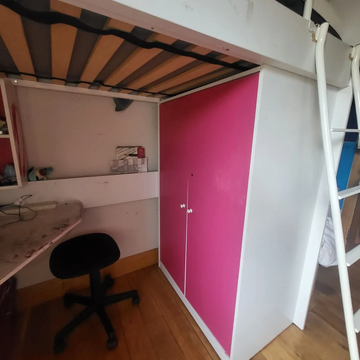 High sleeper bed with wardrobe and desk - Image 2