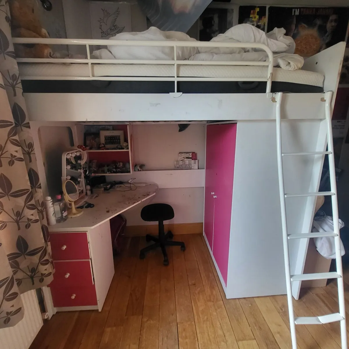 High sleeper bed with wardrobe and desk - Image 1