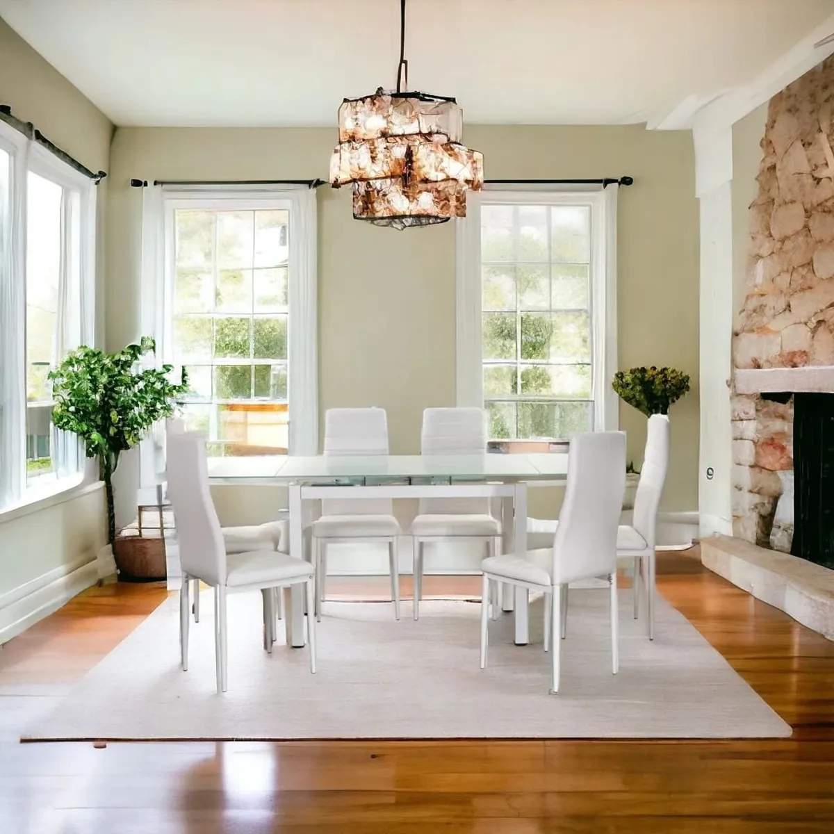 Extendable Glass Dining Table Set 6 chairs white - Image 1