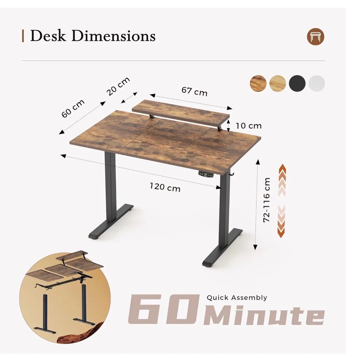 120 x 60 cm Sit-Stand Desk with 2 Memory Buttons - Image 1