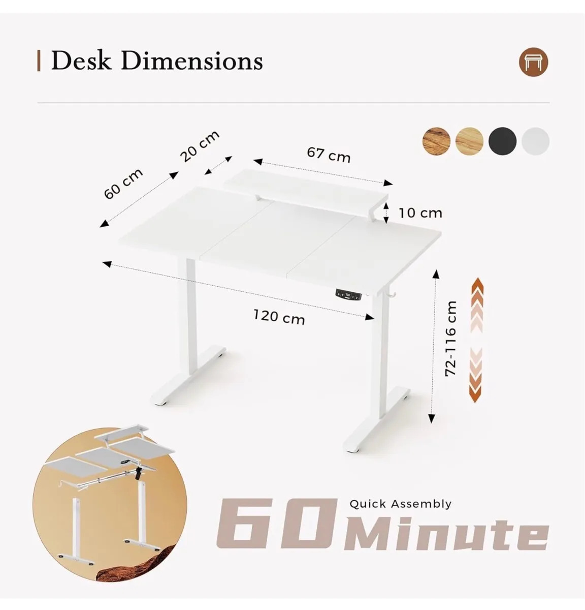 120 x 60 cm Sit-Stand Desk with 2 Memory Buttons - Image 1