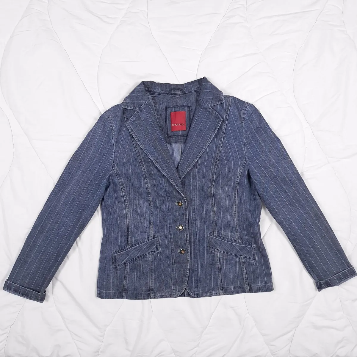 Bianca Blue Pinstripe Denim Fitted Jacket 14UK - Image 1