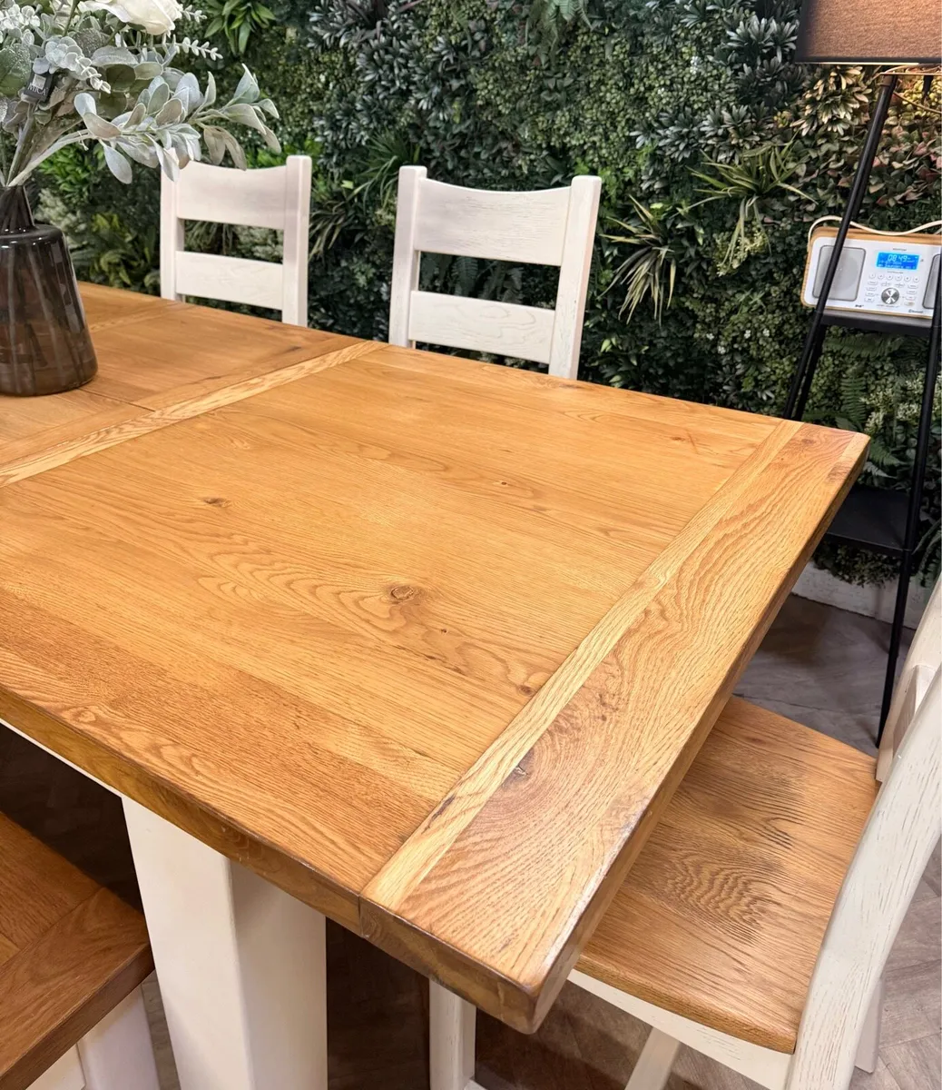 Extending oak kitchen table, 4 chairs & bench - Image 4