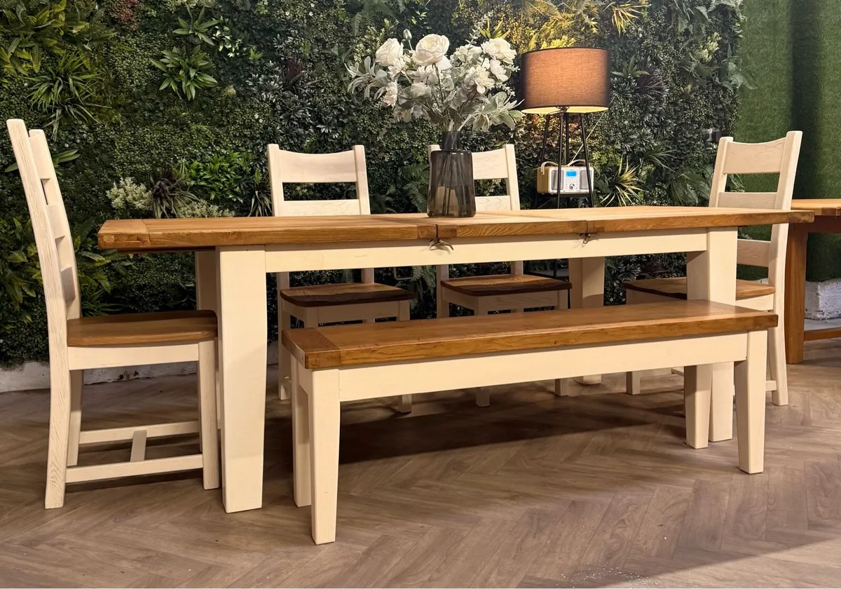 Extending oak kitchen table, 4 chairs & bench - Image 2