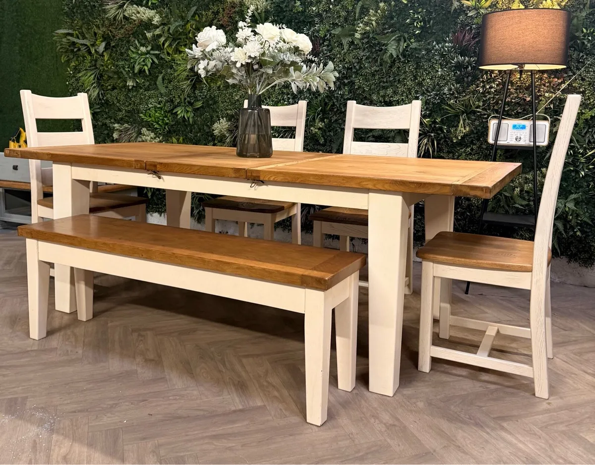 Extending oak kitchen table, 4 chairs & bench - Image 3