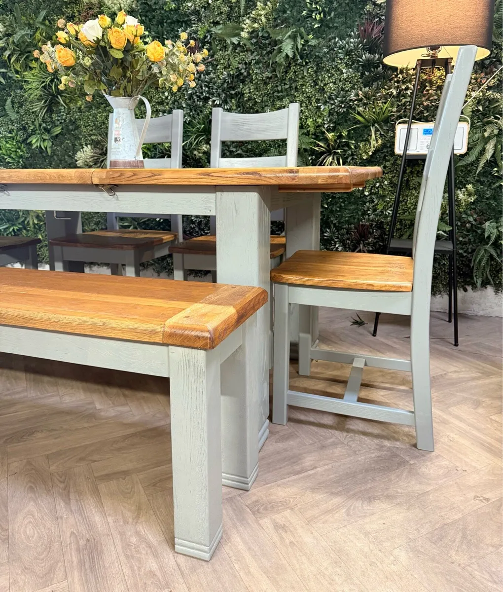 Extending oak kitchen table, 4 chairs & bench - Image 4