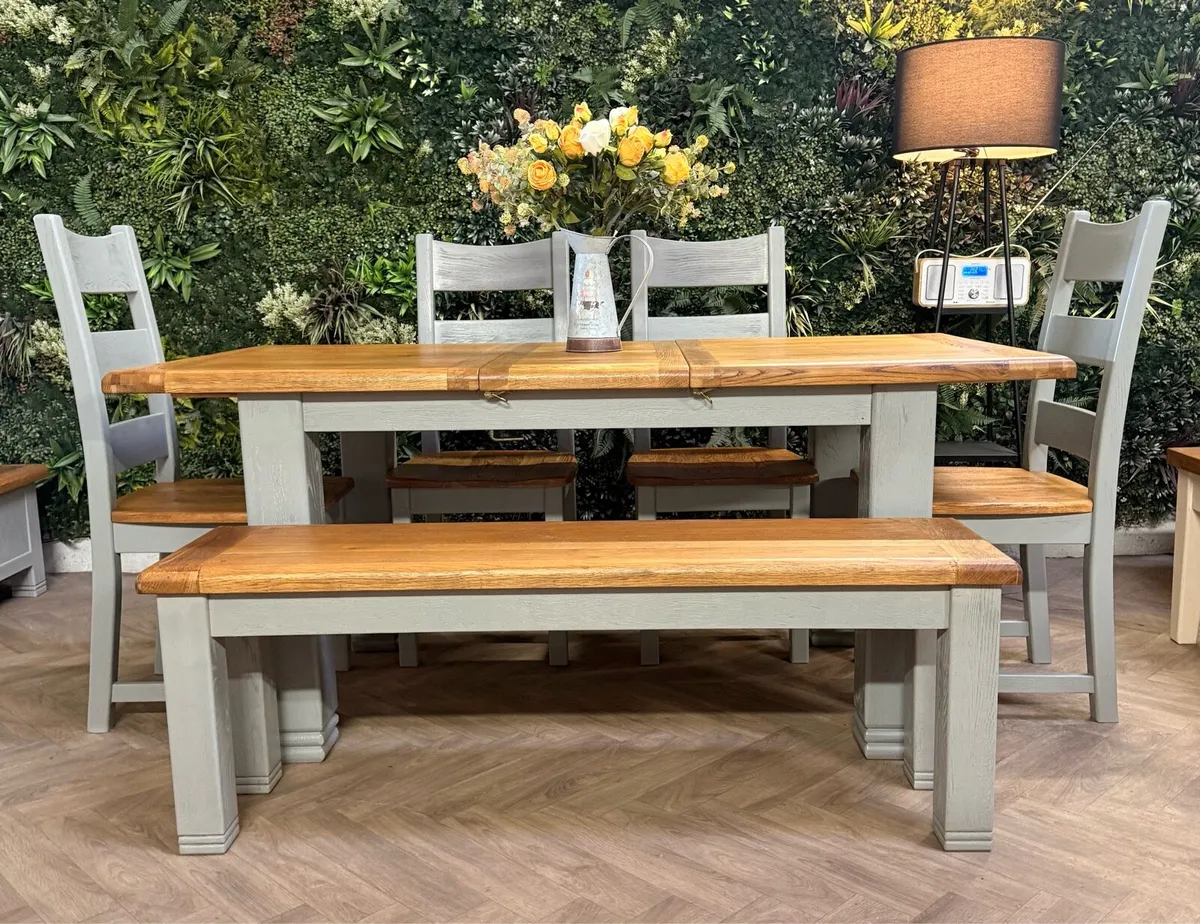 Extending oak kitchen table, 4 chairs & bench - Image 2