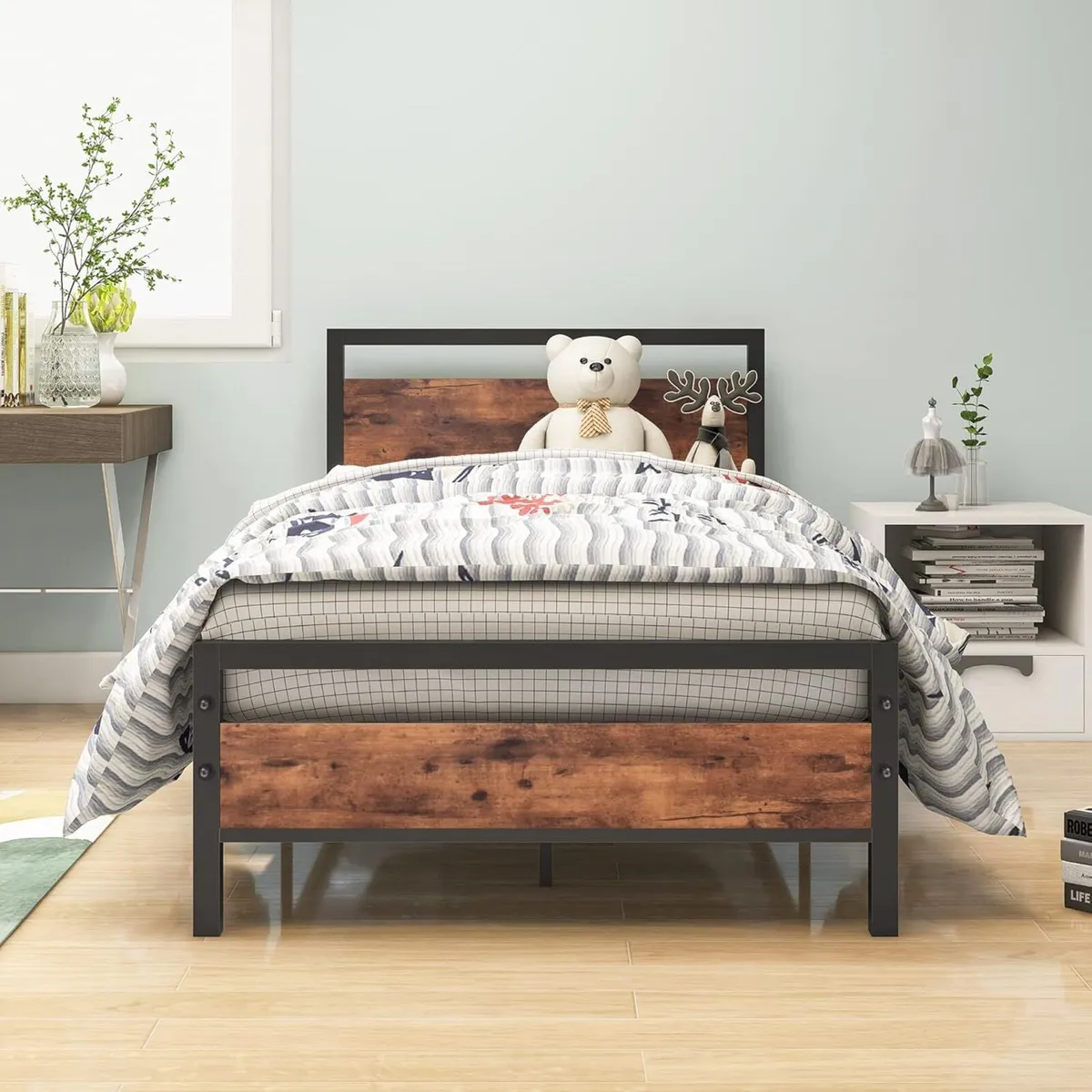Bed Frame Wooden Metal 90 x 200 cm with Slatted - Image 1