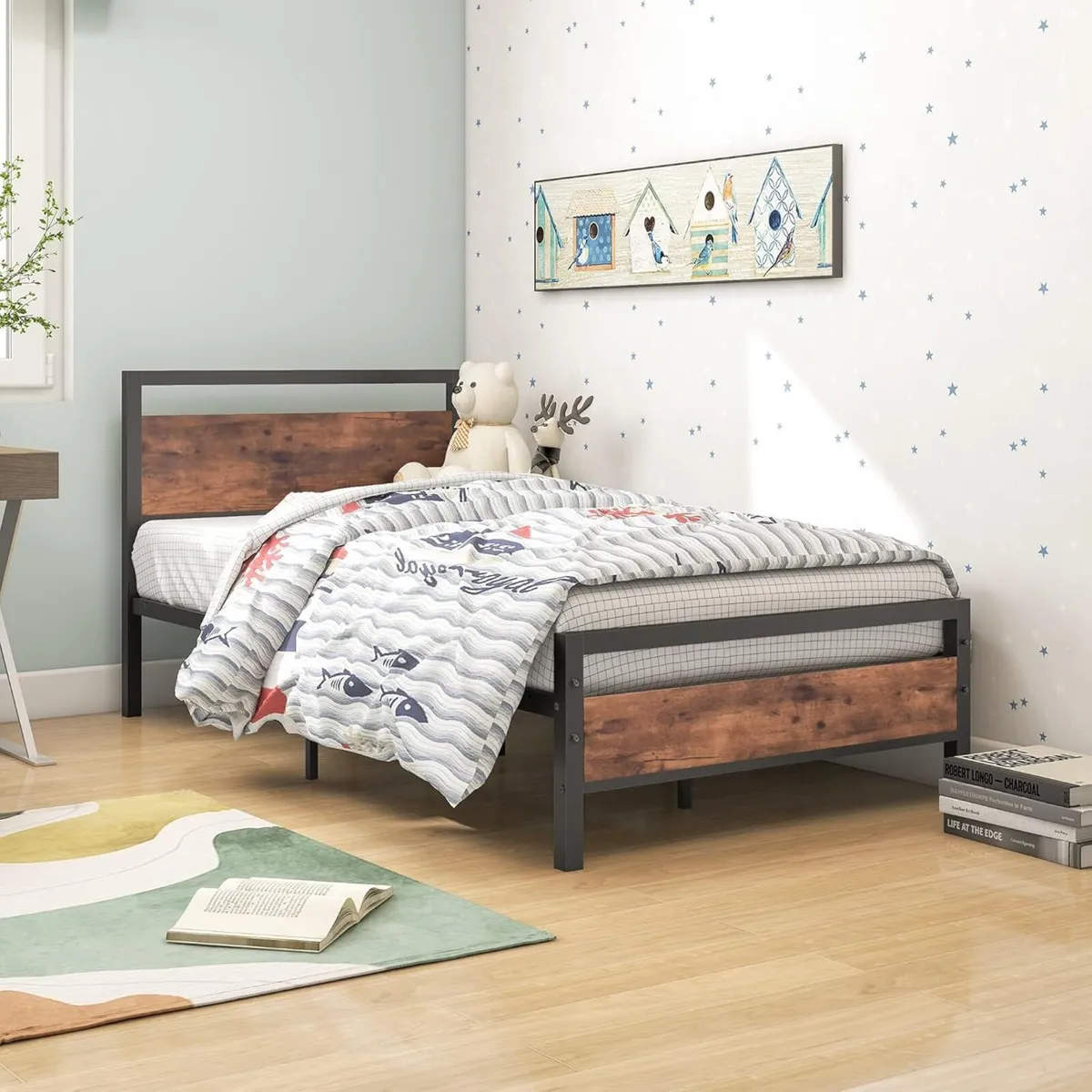 Bed Frame Wooden Metal 90 x 200 cm with Slatted - Image 3