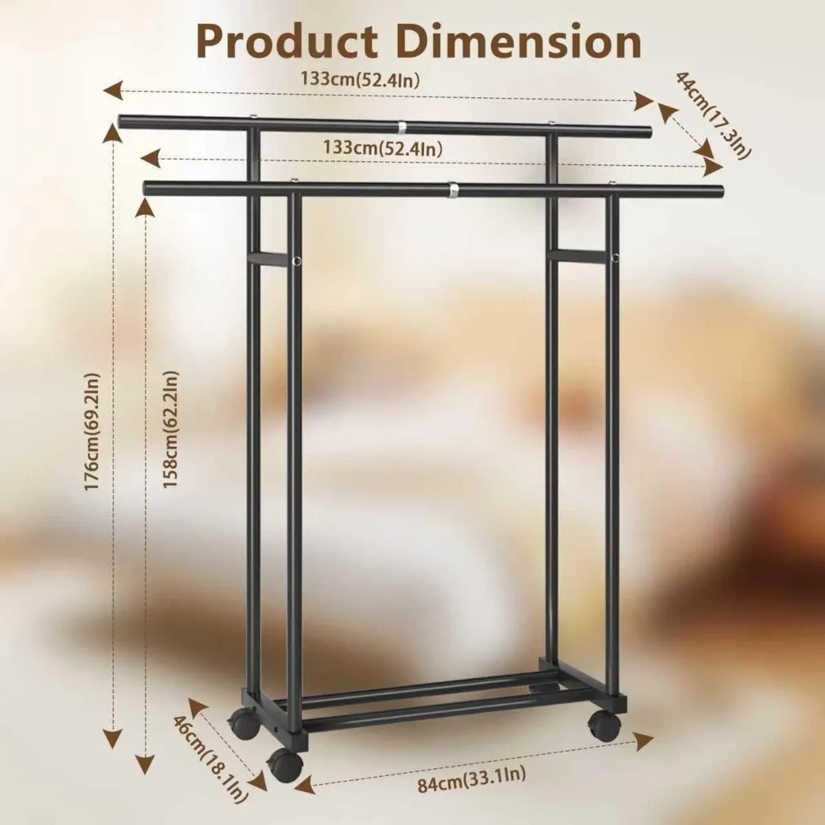 Double Rod Clothes Rail Rolling Rack Metal - Image 3