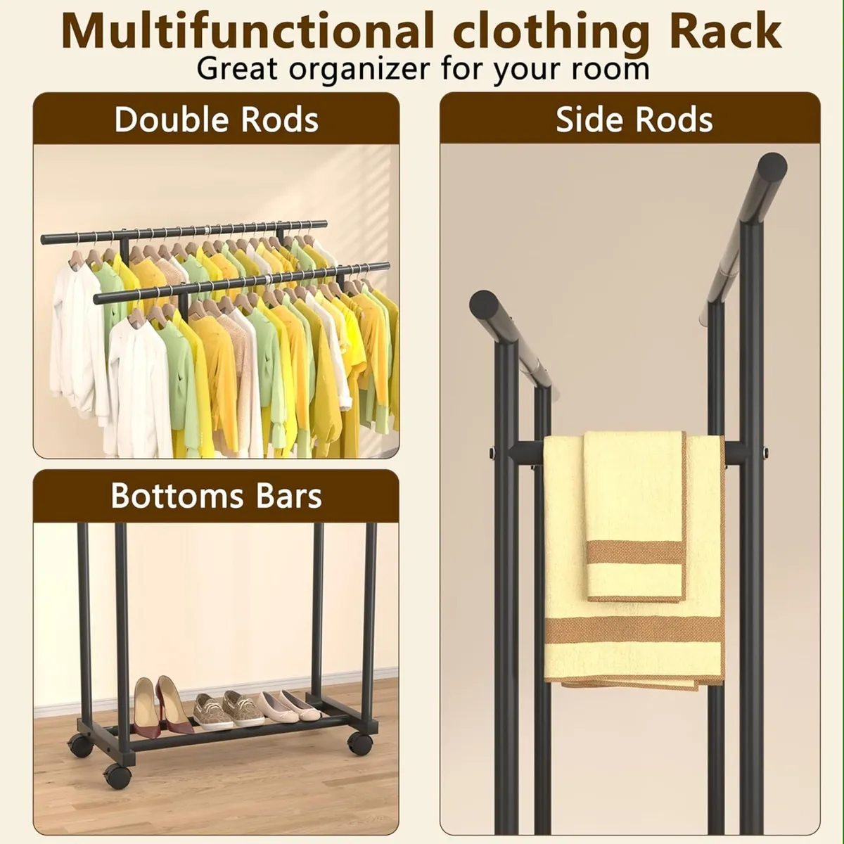 Double Rod Clothes Rail Rolling Rack Metal - Image 4