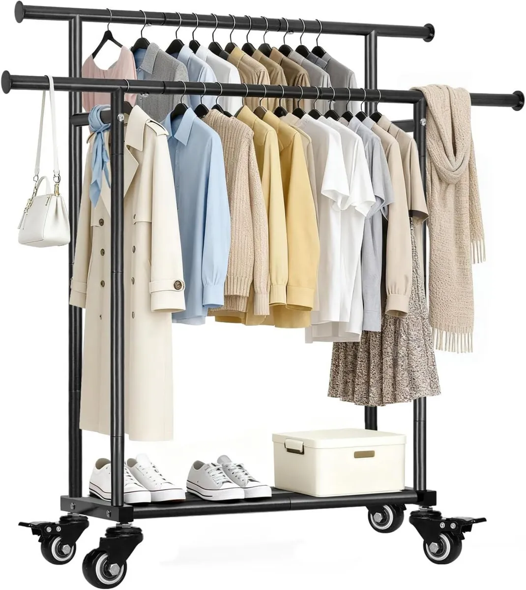 Clothes Rack on Wheels with 2 Rails + Shelf - Image 1