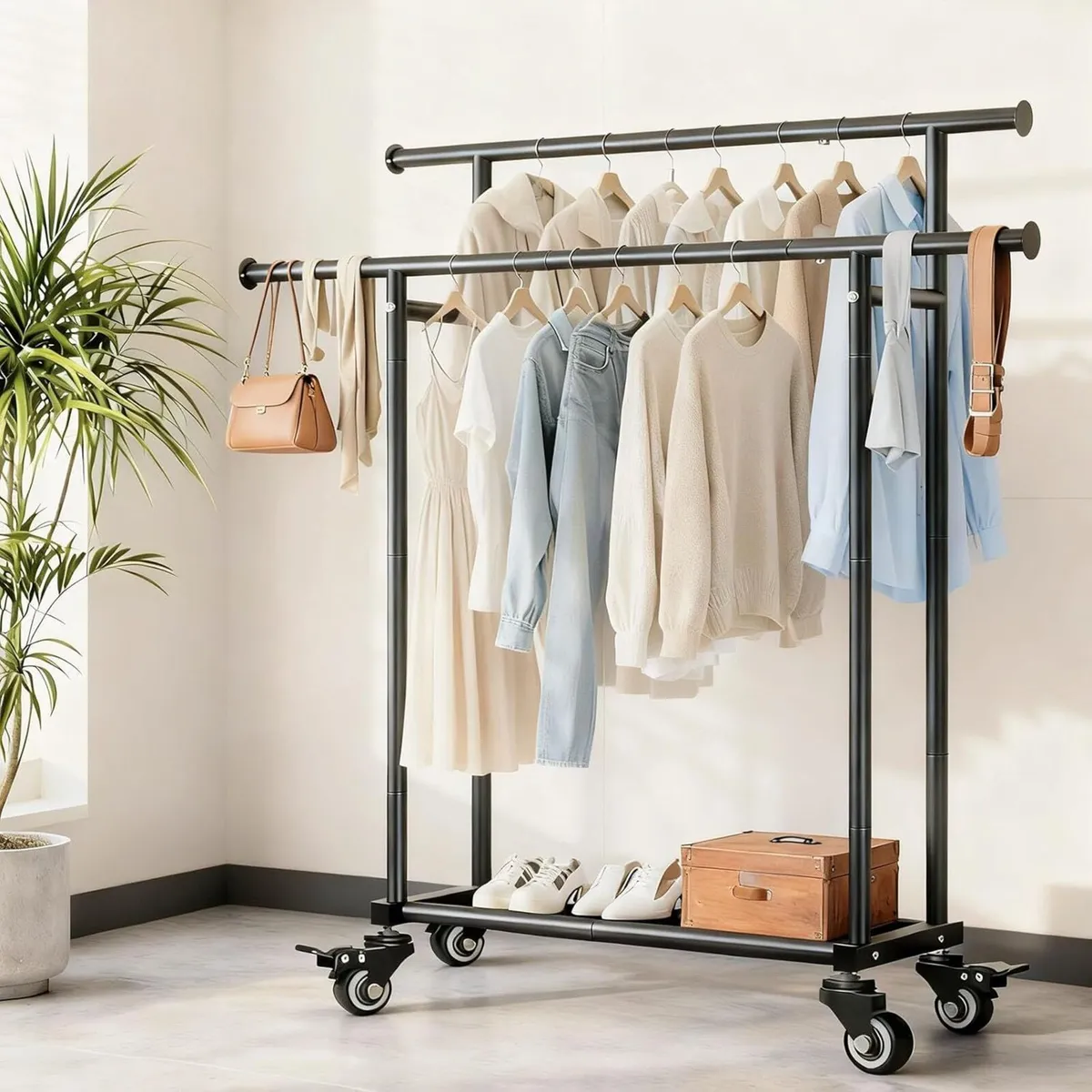 Clothes Rack on Wheels with 2 Rails + Shelf - Image 2
