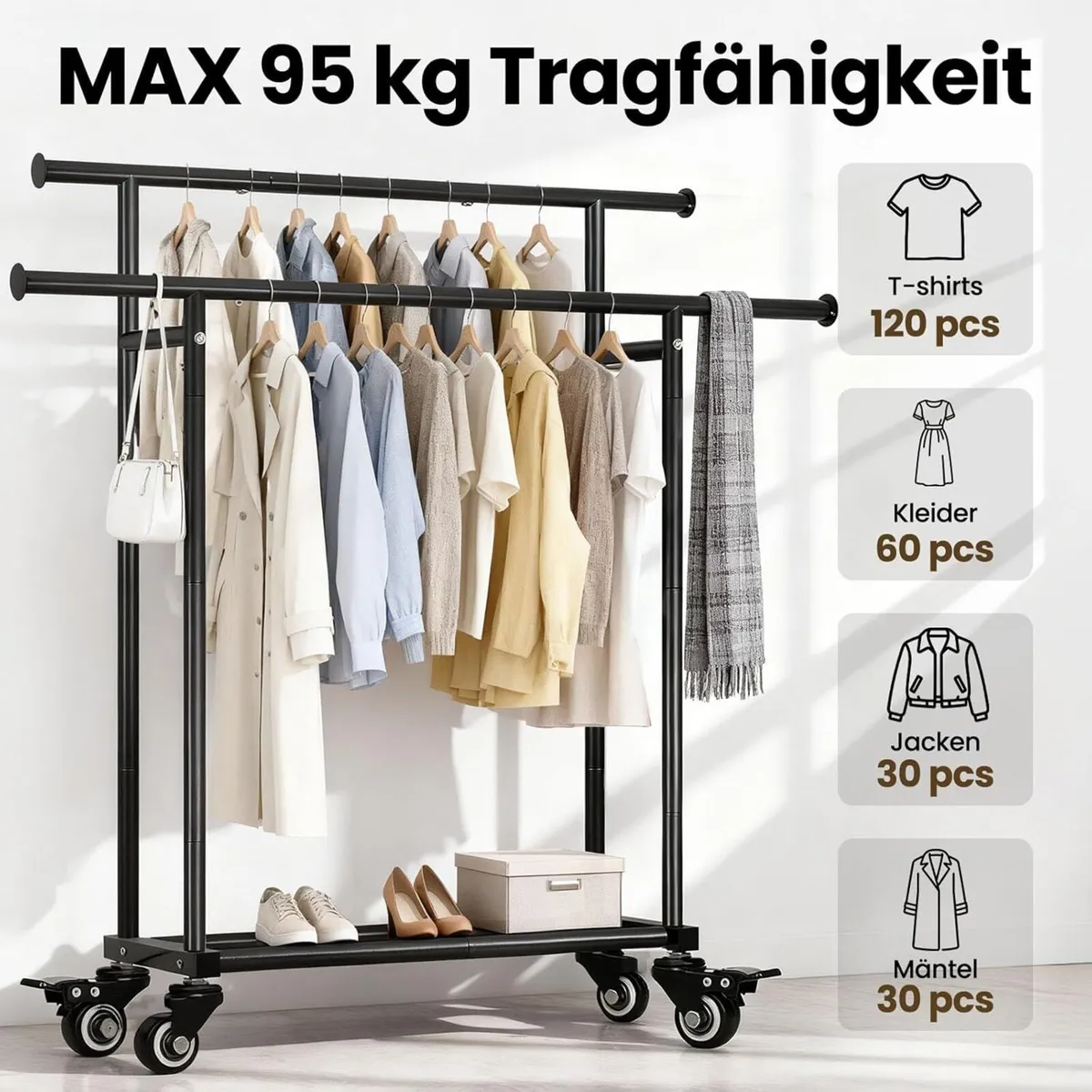 Clothes Rack on Wheels with 2 Rails + Shelf - Image 4