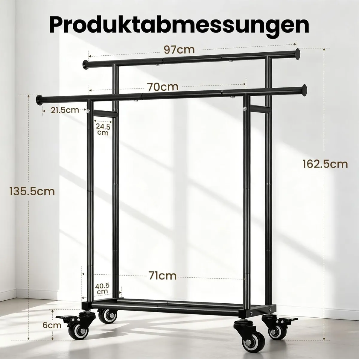 Clothes Rack on Wheels with 2 Rails + Shelf - Image 3