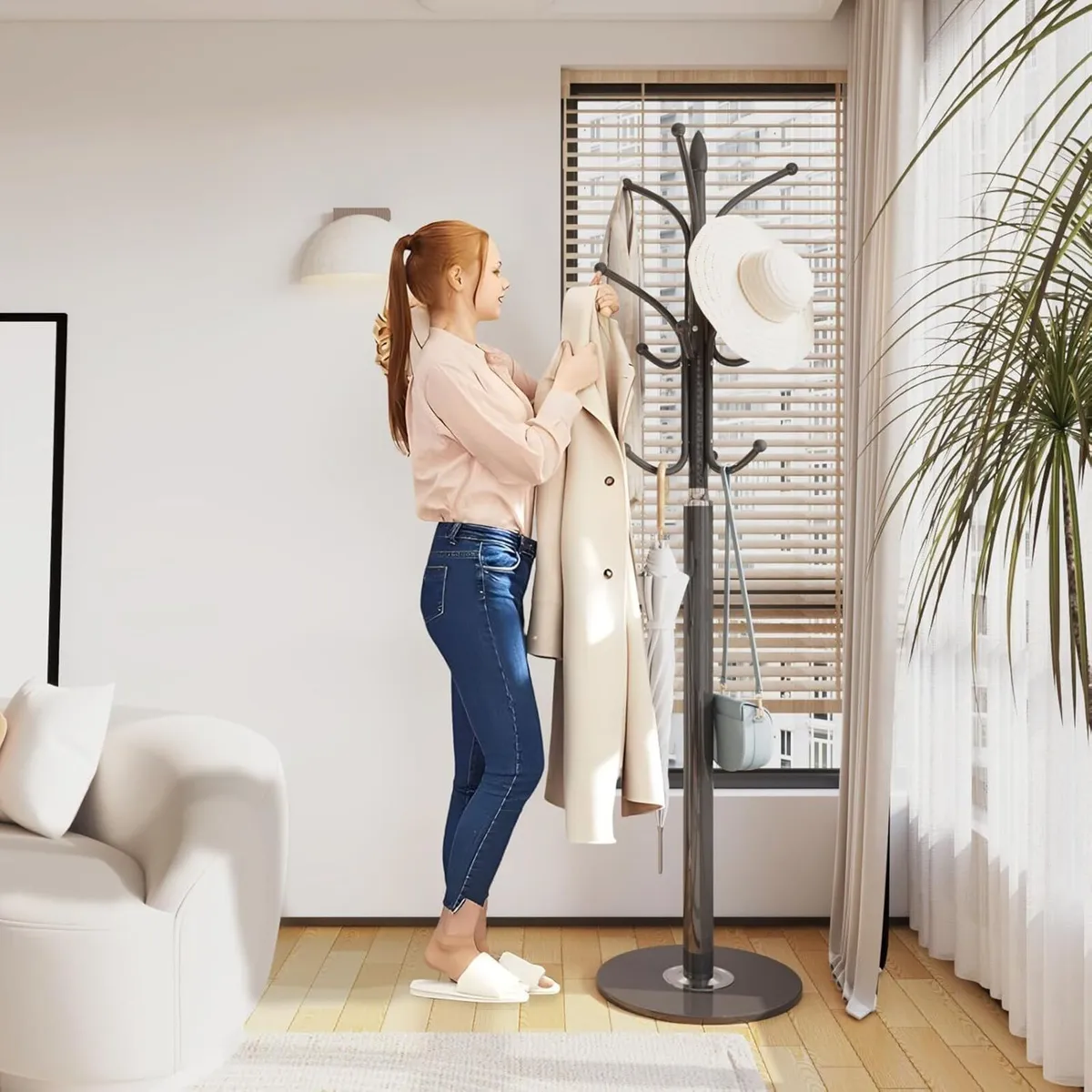 70in Coat Stand Freestanding Metal Clothes and - Image 3