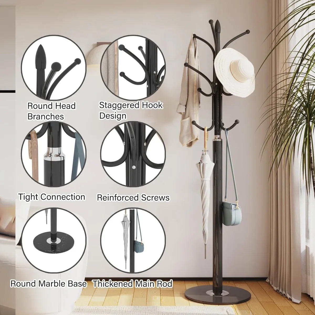 70in Coat Stand Freestanding Metal Clothes and - Image 4