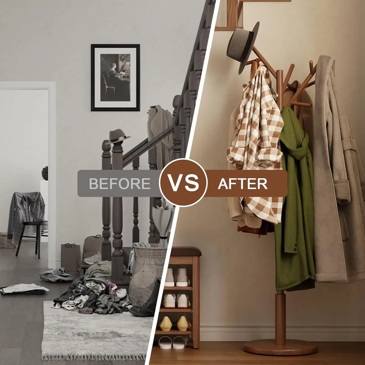 Coat Stand Wooden Rack Freestanding with 12 Hooks - Image 3