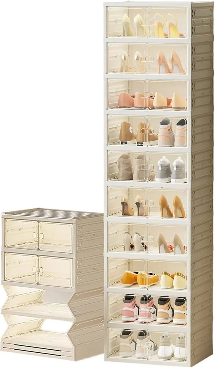 10 Tier Foldable Shoe Rack with Doors for 16-18 - Image 1