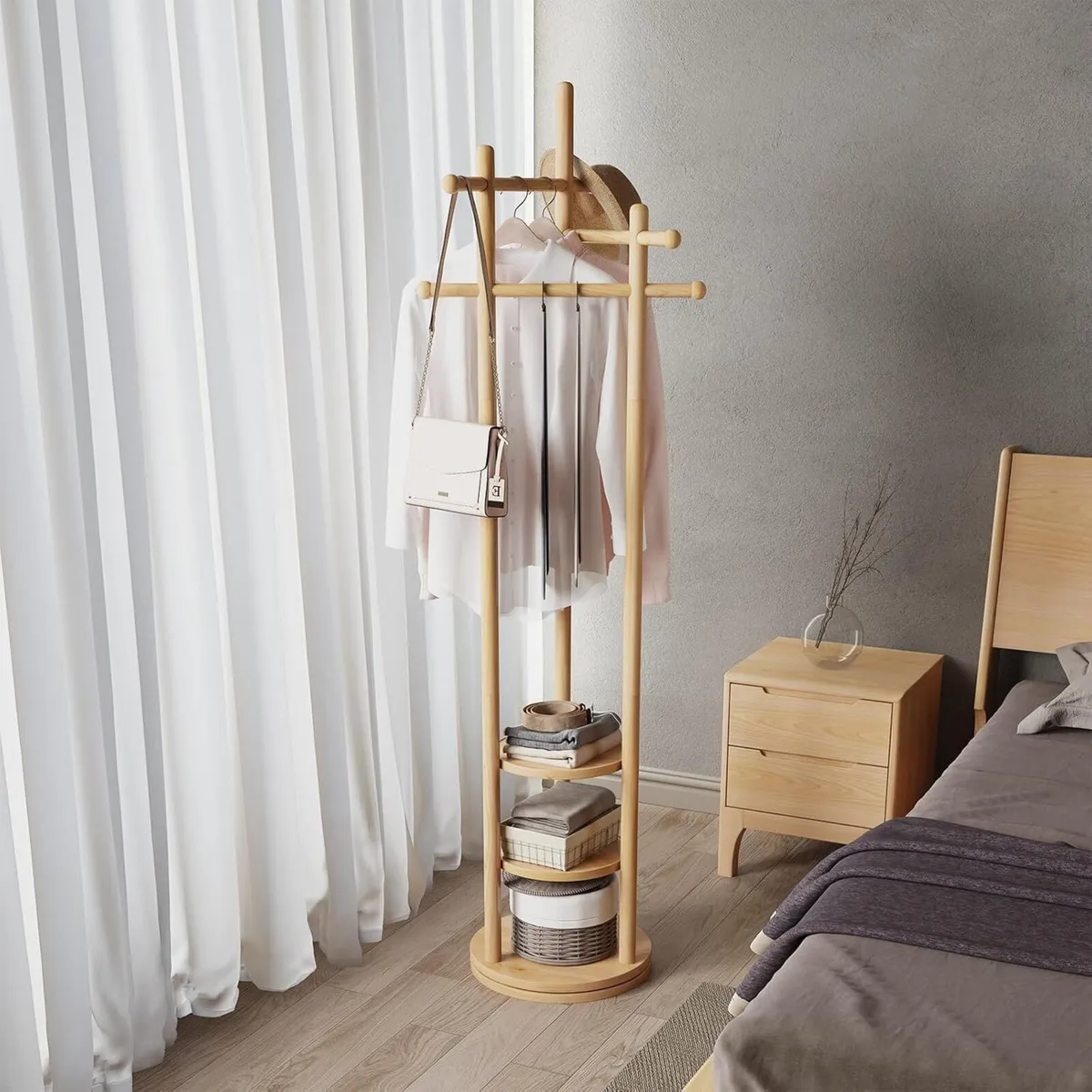 Coat Stand Woodem Rack with 3 Storage Shelves - Image 1