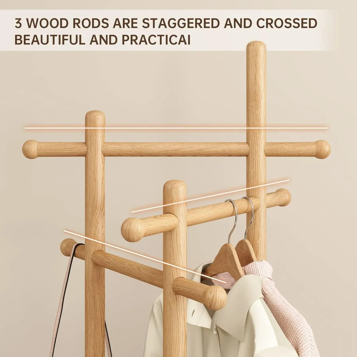 Coat Stand Woodem Rack with 3 Storage Shelves - Image 2