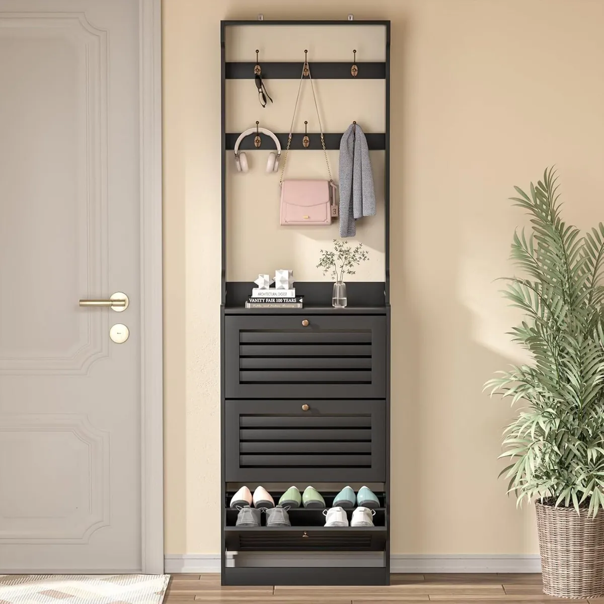 Shoe Cabinet with Coat Rack Tall Storage 3 Flip - Image 1