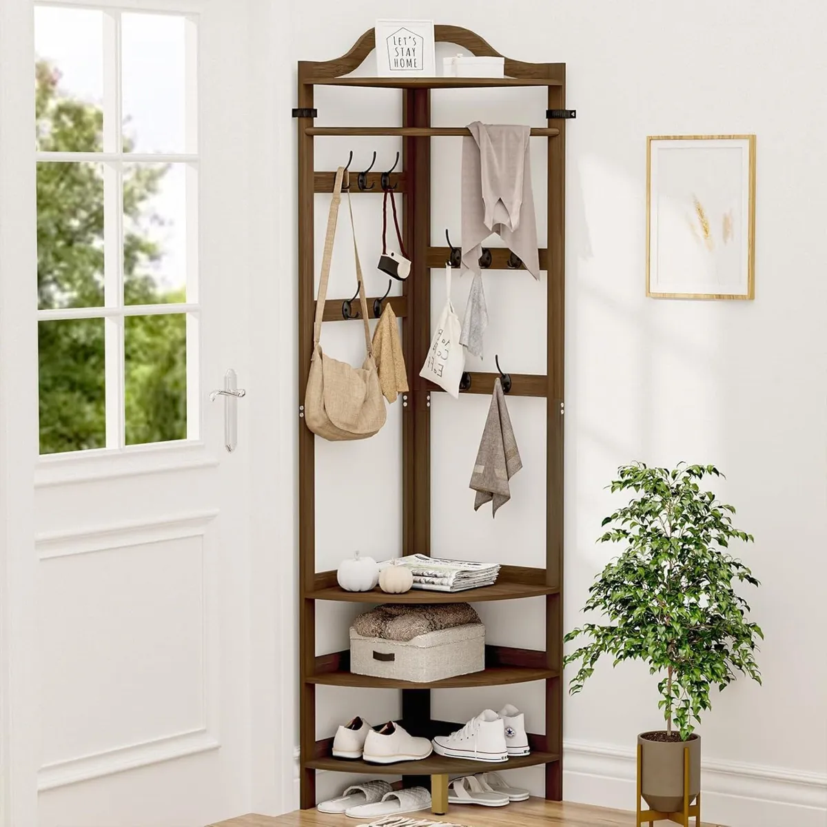 Bamboo Corner Coat Rack with Bench 4-Tier Shoe - Image 1