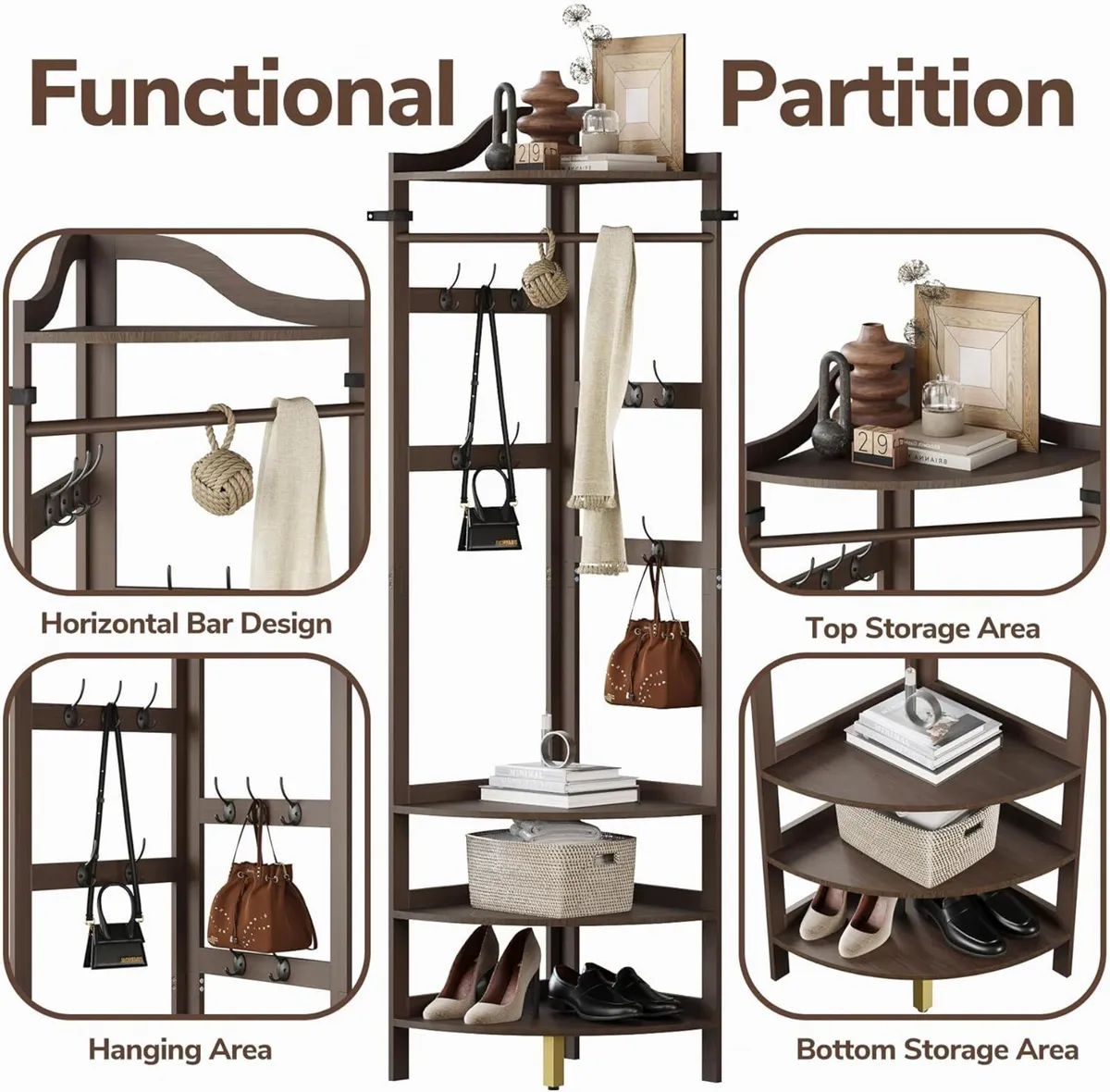 Bamboo Corner Coat Rack with Bench 4-Tier Shoe - Image 3