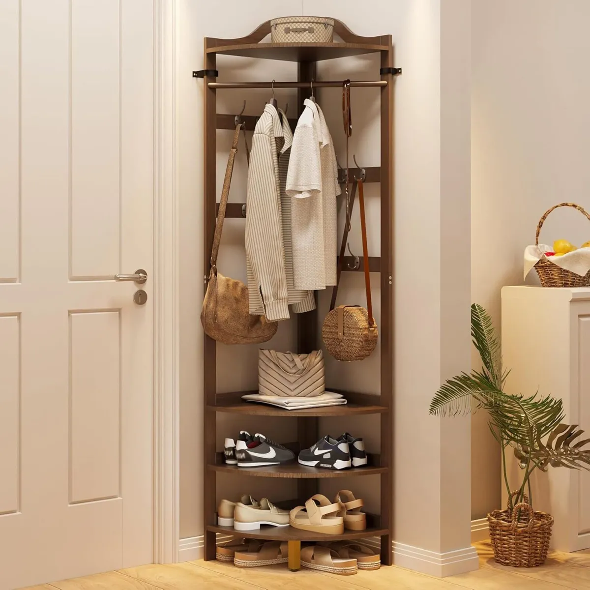 Bamboo Corner Coat Rack with Bench 4-Tier Shoe - Image 4
