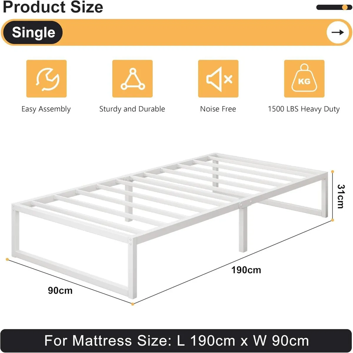 Single Bed Frame 90x190 cm Metal with Steel Slat - Image 2