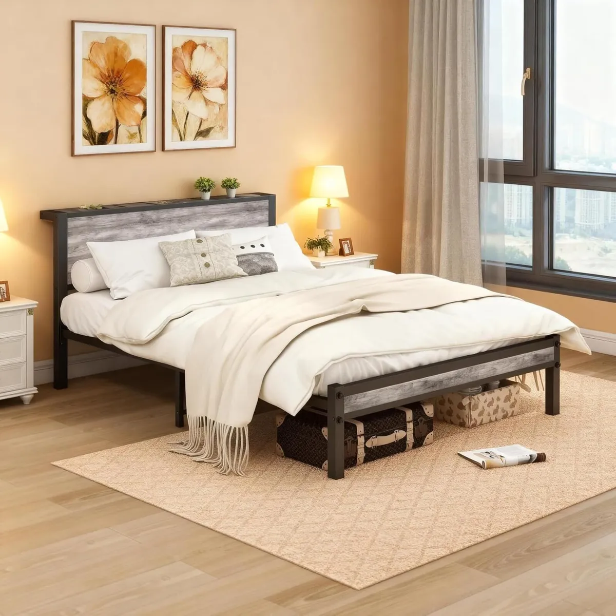 Double Bed Frames with Storage Wooden Headboard - Image 1
