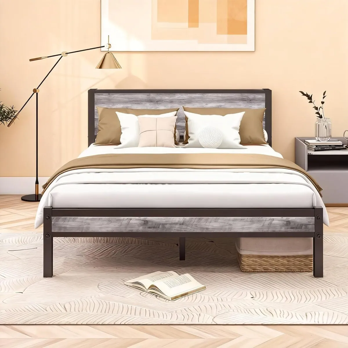 King Size Bed Frame with Storage Wooden Headboard - Image 1