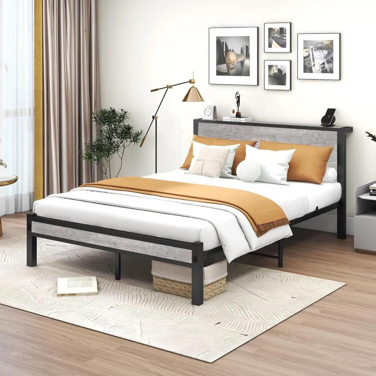 King Size Bed Frame with Storage Wooden Headboard - Image 3