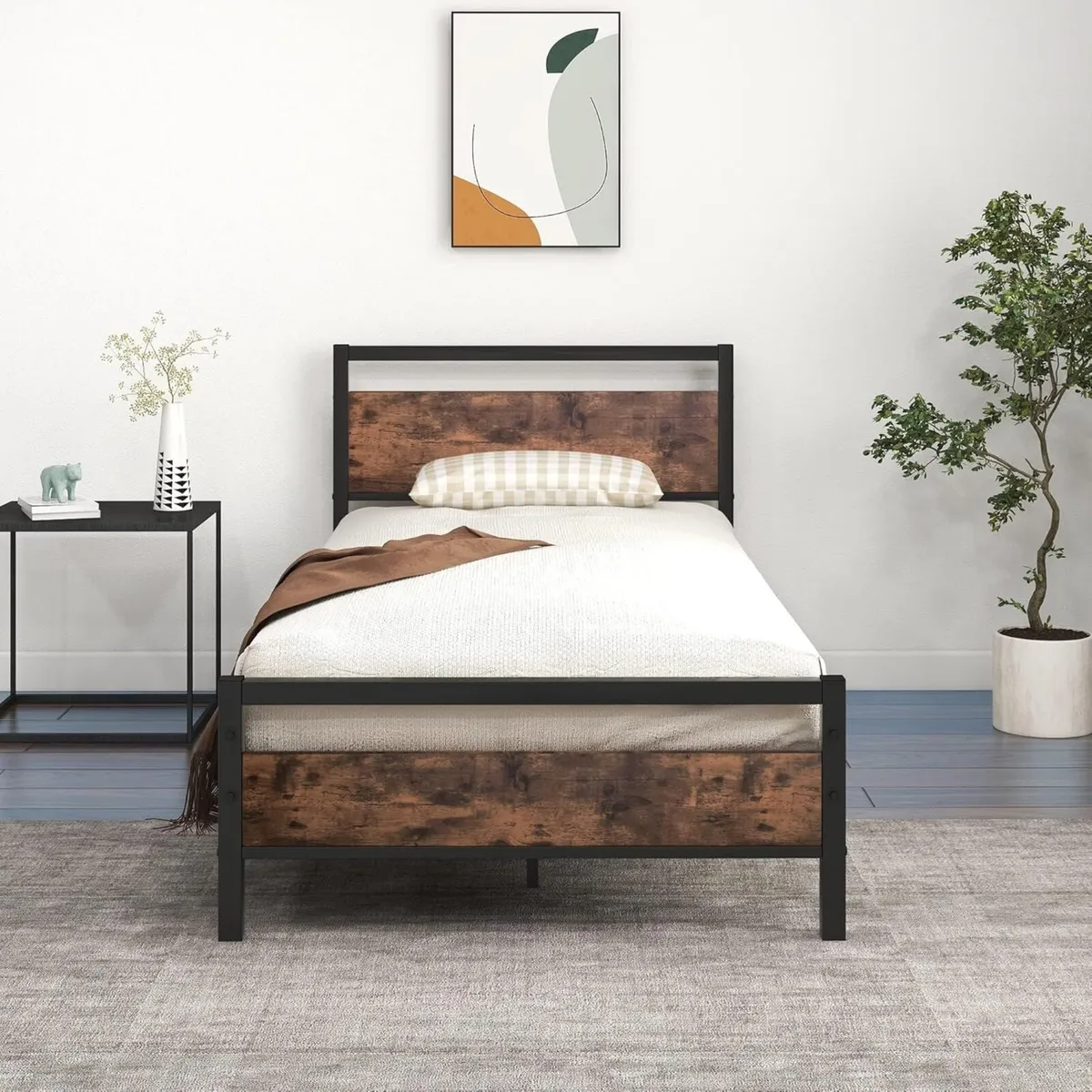 Metal Platform Bed Frame 90 x 200cm with Wooden - Image 1